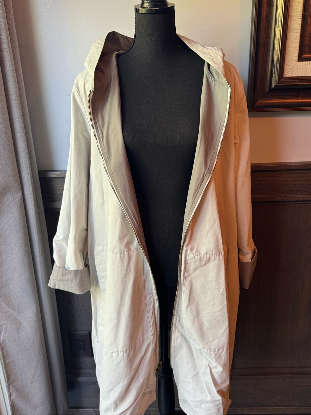 Eileen Fisher cream & gray reversible Hooded Trench Coat - Picture 7 of 10